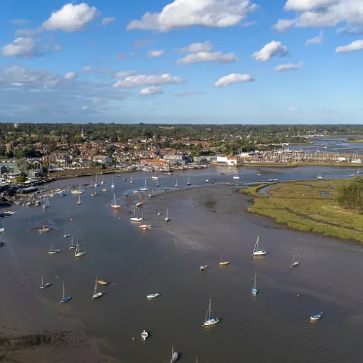 Aerial view of the River Deben in Suffolk, UK.